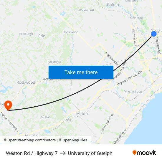 Weston Rd / Highway 7 to University of Guelph map