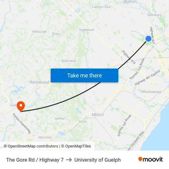 The Gore Rd / Highway 7 to University of Guelph map