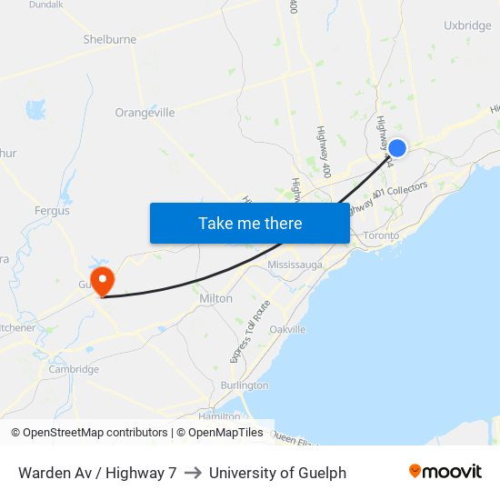 Warden Av / Highway 7 to University of Guelph map