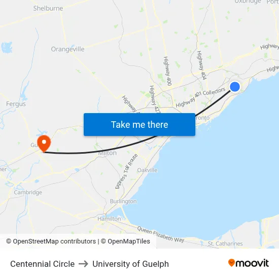 Centennial Circle to University of Guelph map