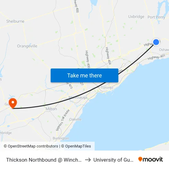 Thickson Northbound @ Winchester to University of Guelph map