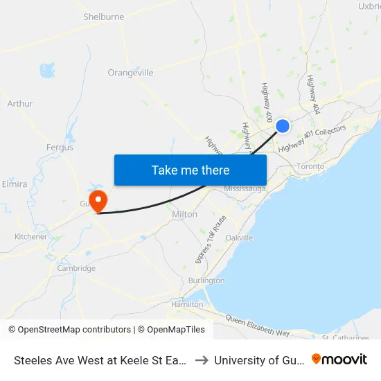 Steeles Ave West at Keele St East Side to University of Guelph map