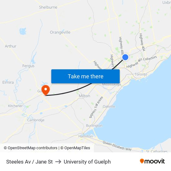 Steeles Av / Jane St to University of Guelph map