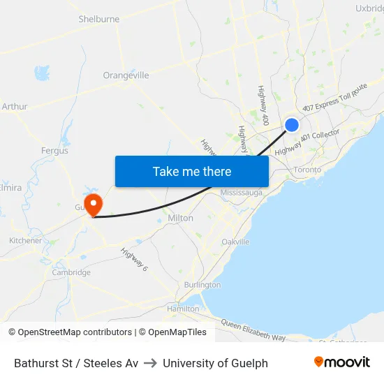 Bathurst St / Steeles Av to University of Guelph map