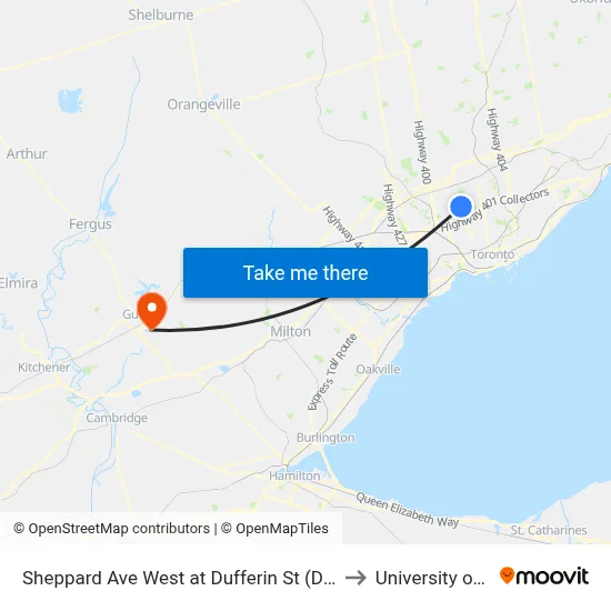 Sheppard Ave West at Dufferin St (Downsview Station) to University of Guelph map