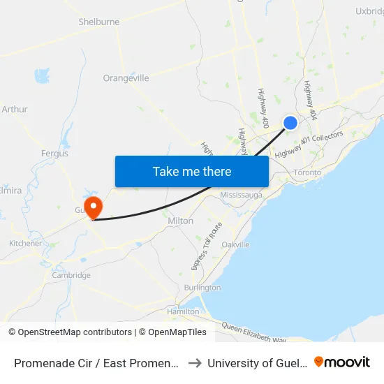 Promenade Cir / East Promenade to University of Guelph map