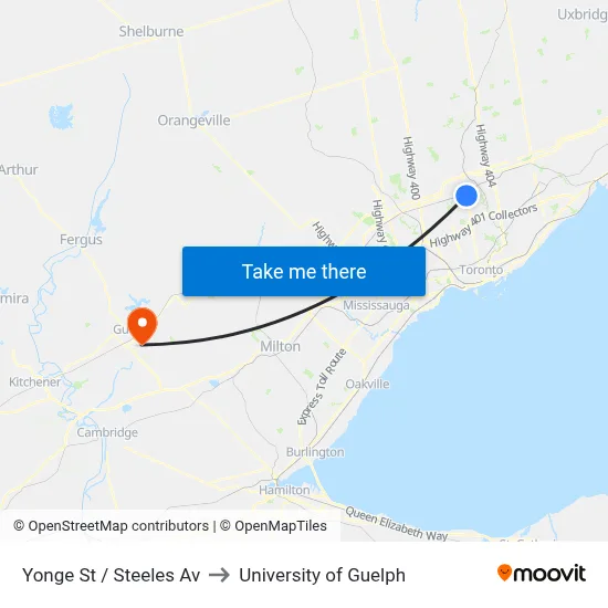 Yonge St / Steeles Av to University of Guelph map