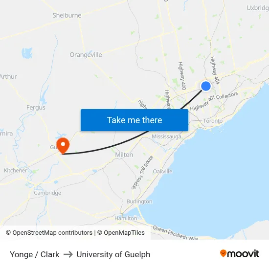 Yonge / Clark to University of Guelph map