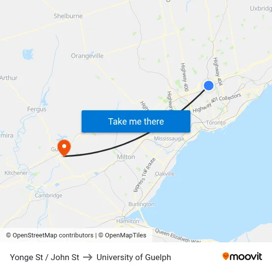 Yonge St / John St to University of Guelph map