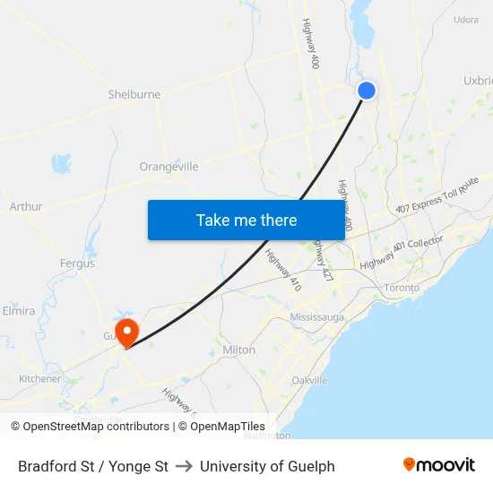 Bradford St / Yonge St to University of Guelph map