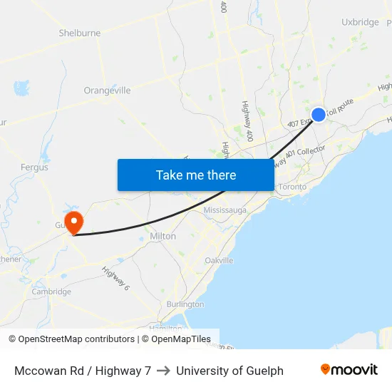 Mccowan Rd / Highway 7 to University of Guelph map