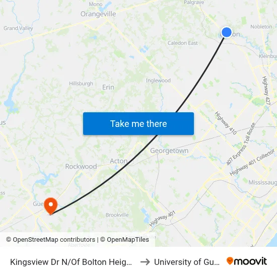 Kingsview Dr N/Of Bolton Heights Rd to University of Guelph map