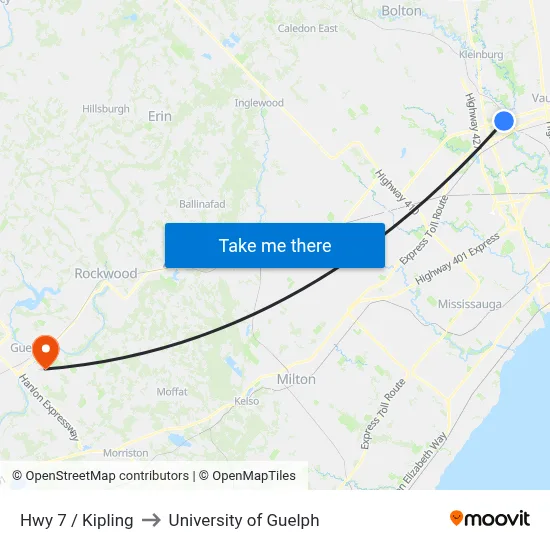 Hwy 7 / Kipling to University of Guelph map