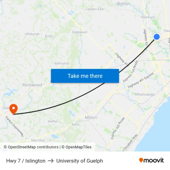 Hwy 7 / Islington to University of Guelph map