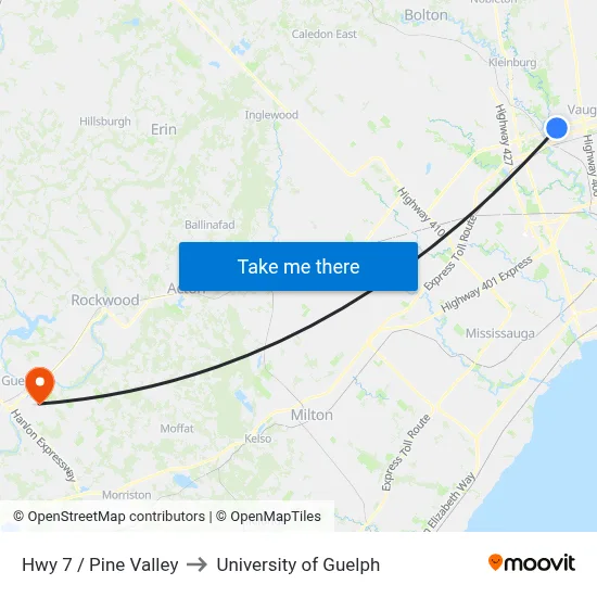 Hwy 7 / Pine Valley to University of Guelph map