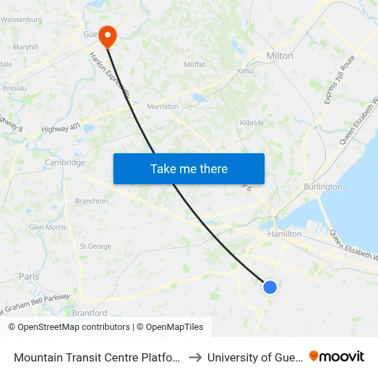 Mountain Transit Centre Platform 3 to University of Guelph map