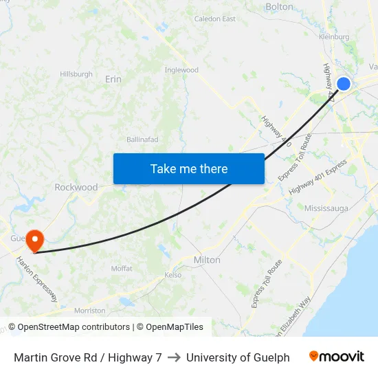 Martin Grove Rd / Highway 7 to University of Guelph map