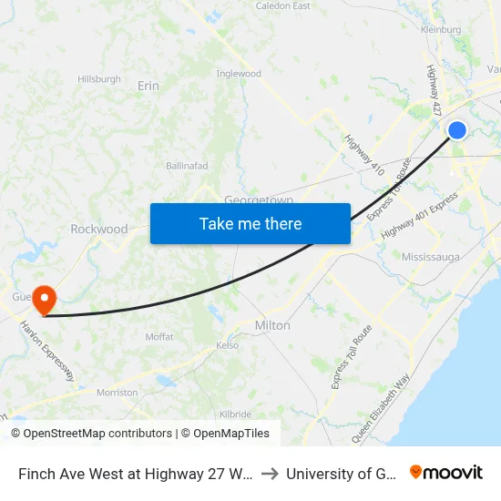 Finch Ave West at Highway 27 West Side to University of Guelph map