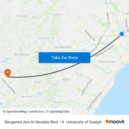 Bergamot Ave At Rexdale Blvd to University of Guelph map