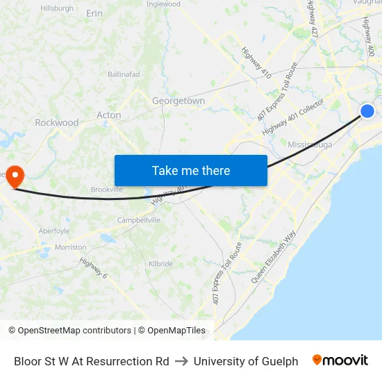 Bloor St W At Resurrection Rd to University of Guelph map