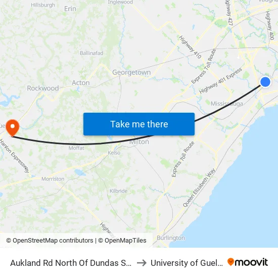 Aukland Rd North Of Dundas St W to University of Guelph map