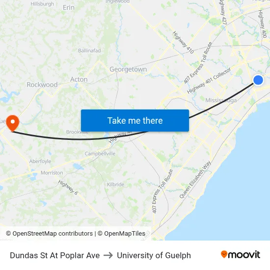 Dundas St At Poplar Ave to University of Guelph map