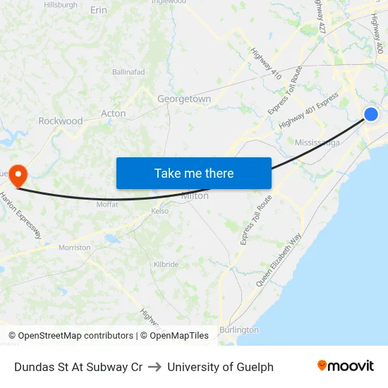 Dundas St At Subway Cr to University of Guelph map