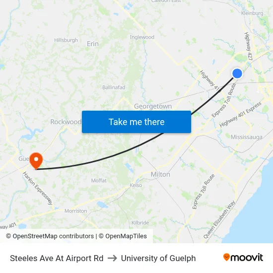 Steeles Ave At Airport Rd to University of Guelph map