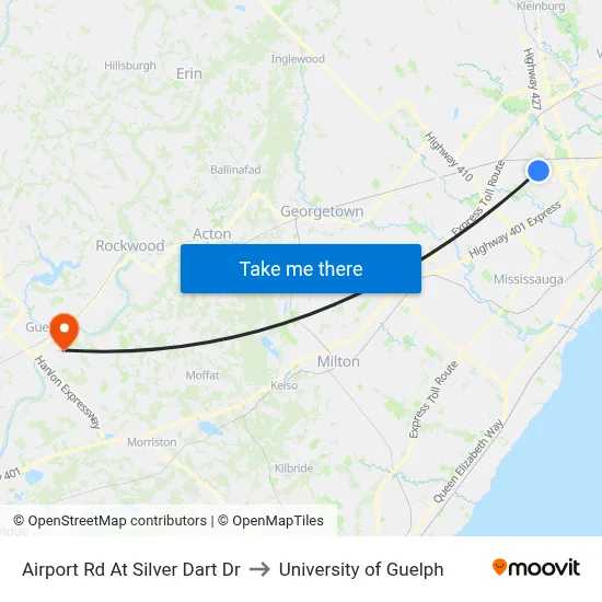 Airport Rd At Silver Dart Dr to University of Guelph map