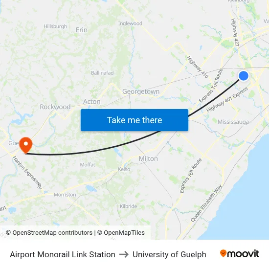 Airport Monorail Link Station to University of Guelph map