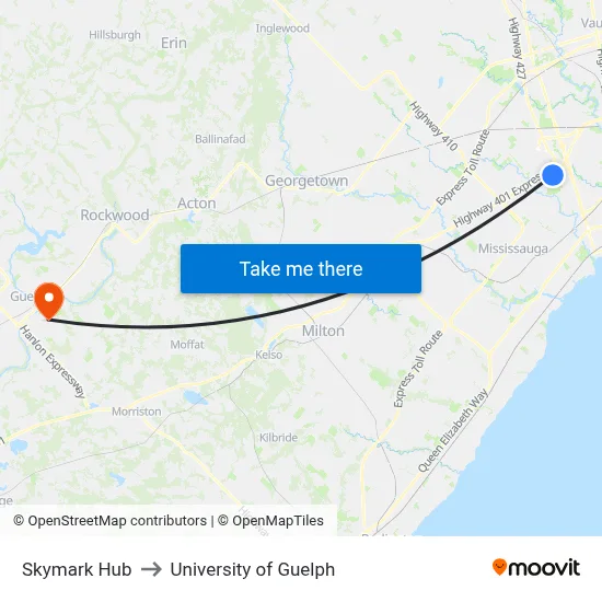 Skymark Hub to University of Guelph map