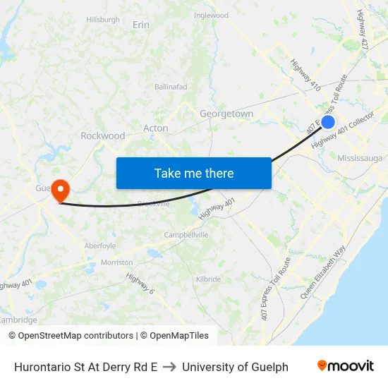 Hurontario St At Derry Rd E to University of Guelph map
