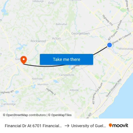 Financial Dr At 6701 Financial Dr to University of Guelph map