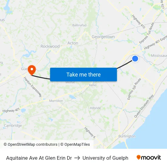 Aquitaine Ave At Glen Erin Dr to University of Guelph map