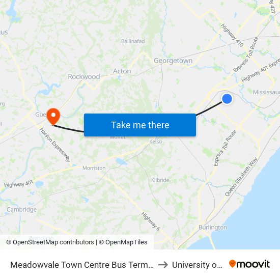 Meadowvale Town Centre Bus Terminal Platform H, I, J to University of Guelph map