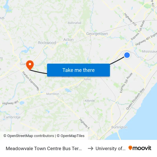 Meadowvale Town Centre Bus Terminal Platform E,F to University of Guelph map