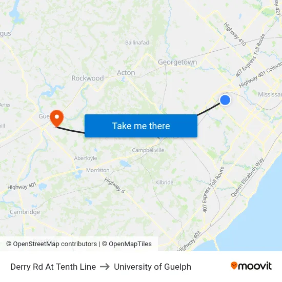 Derry Rd At Tenth Line to University of Guelph map