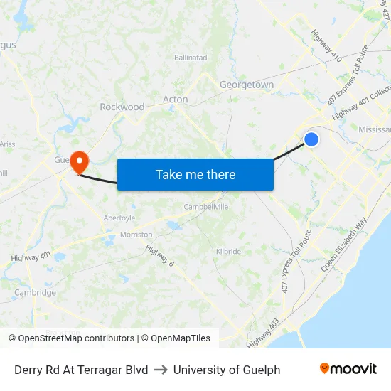 Derry Rd At Terragar Blvd to University of Guelph map