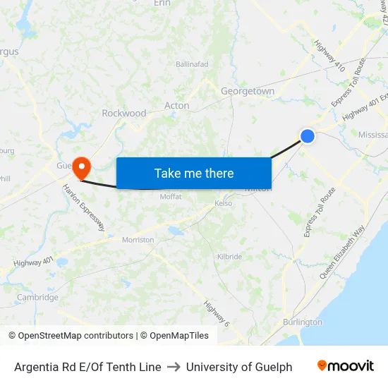 Argentia Rd E/Of Tenth Line to University of Guelph map