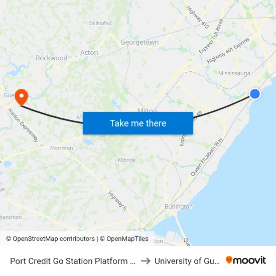 Port Credit Go Station Platform C, D, E to University of Guelph map