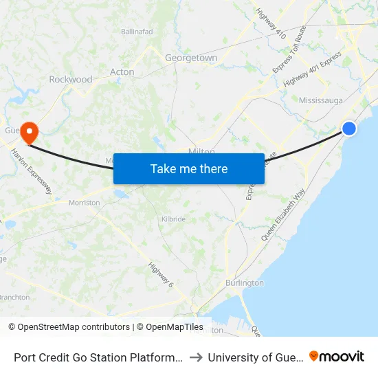 Port Credit Go Station Platform A, B to University of Guelph map