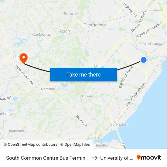 South Common Centre Bus Terminal Platform E,F to University of Guelph map