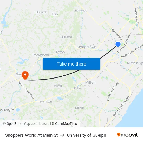 Shoppers World At Main St to University of Guelph map