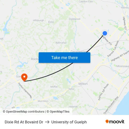 Dixie Rd At Bovaird Dr to University of Guelph map