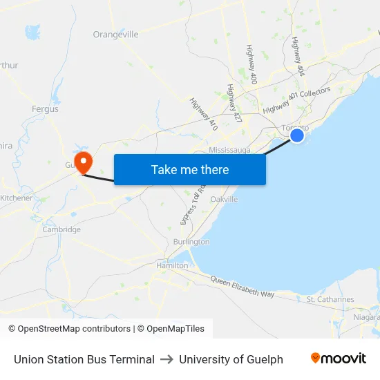 Union Station Bus Terminal to University of Guelph map