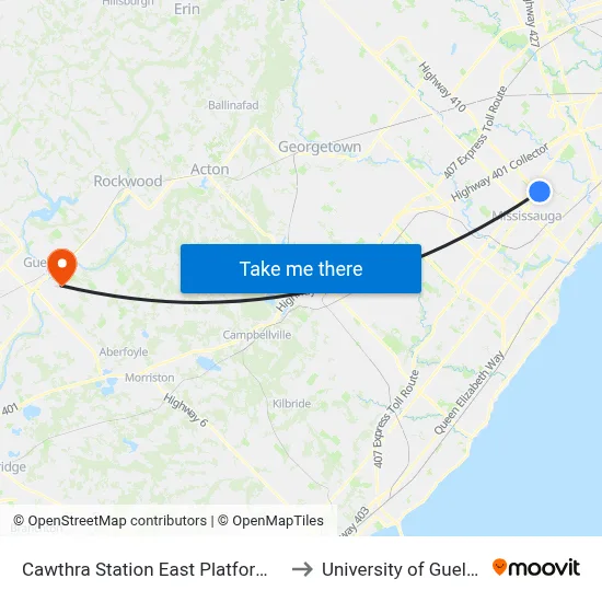 Cawthra Station East Platform A to University of Guelph map