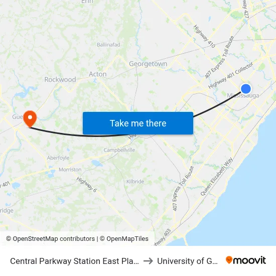 Central Parkway Station East Platform A to University of Guelph map