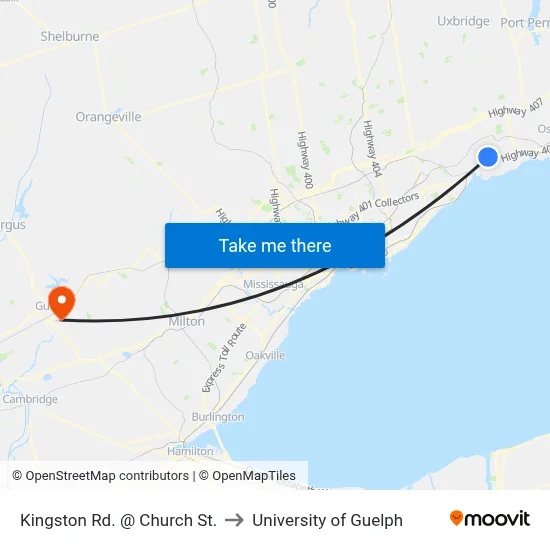 Kingston Rd. @ Church St. to University of Guelph map
