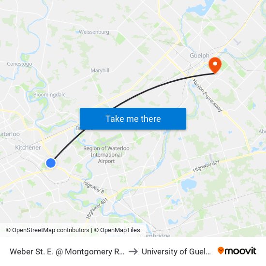 Weber St. E. @ Montgomery Rd. to University of Guelph map