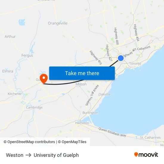 Weston to University of Guelph map